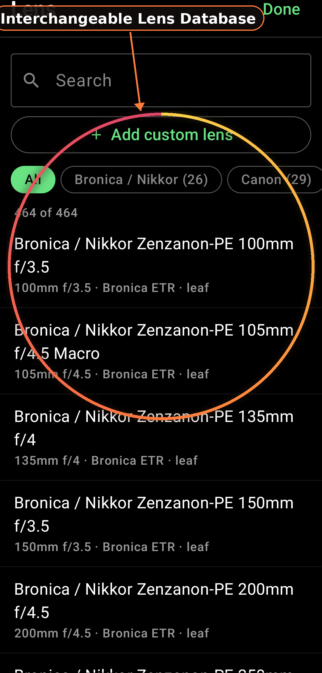 Interchangeable Lens Database as shown in the app