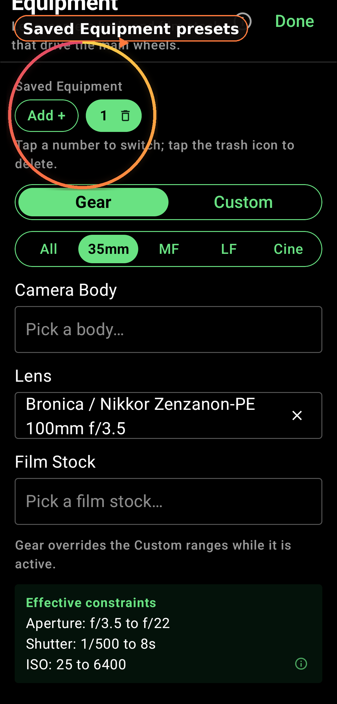 Equipment preset bubbles + swipe-to-cycle as shown in the app