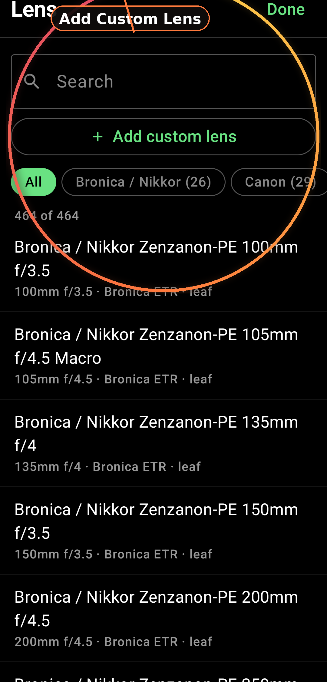 User-added custom camera bodies and lenses as shown in the app