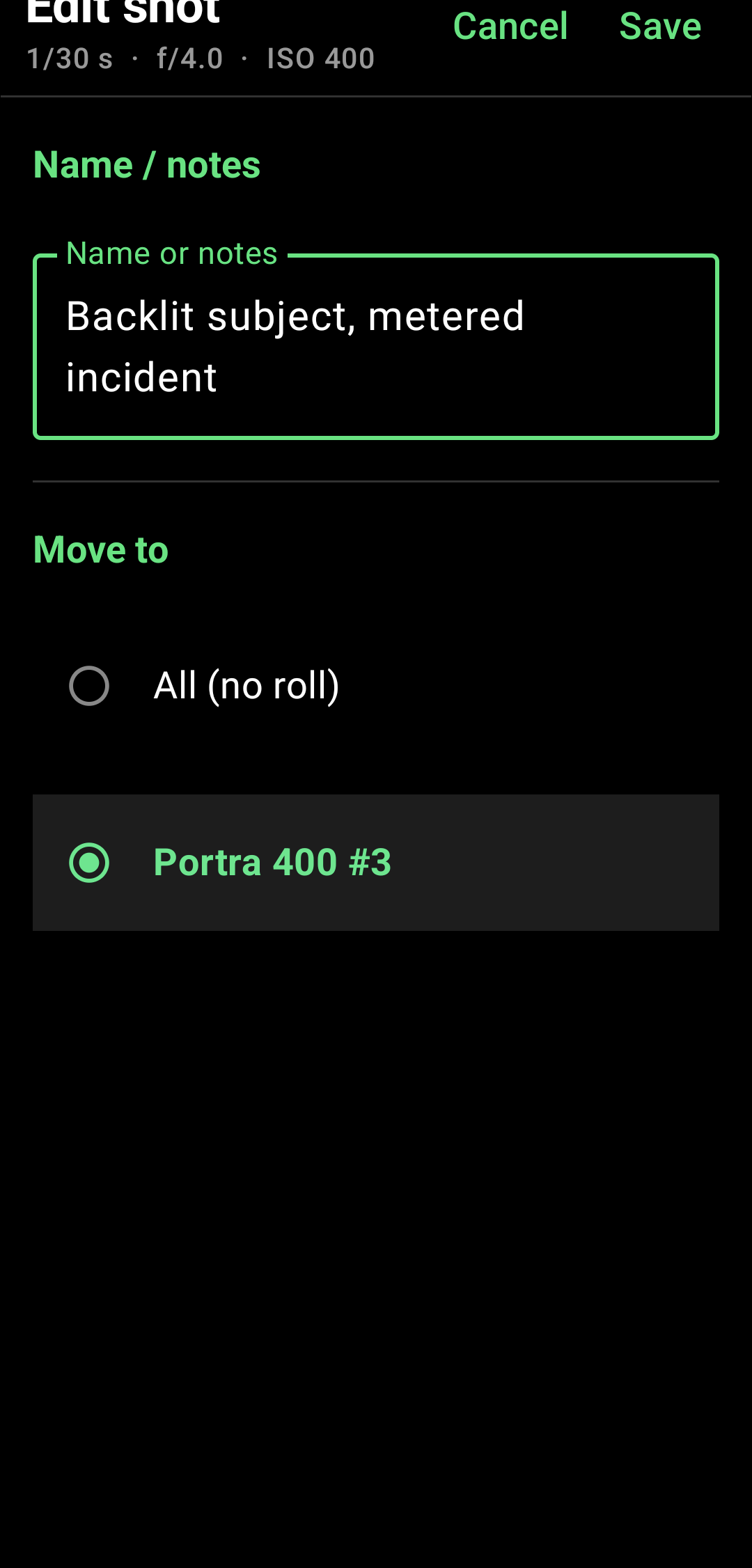 Development Notes Field as shown in the app