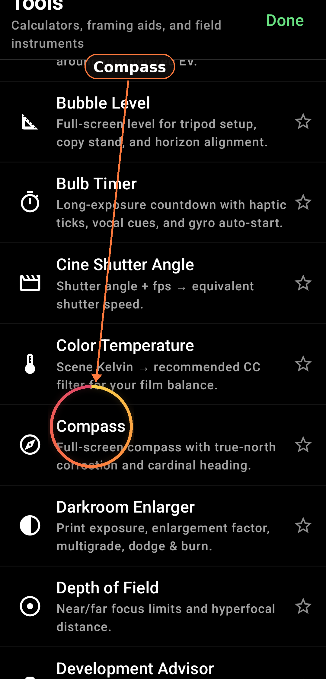 Standalone compass (Tools) as shown in the app