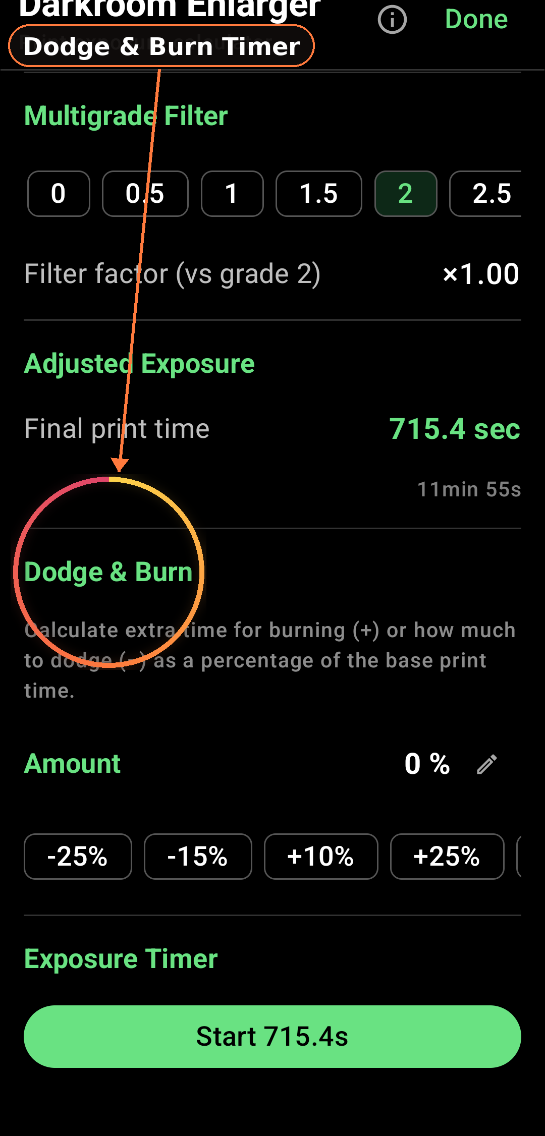Dodging and Burning Timer as shown in the app
