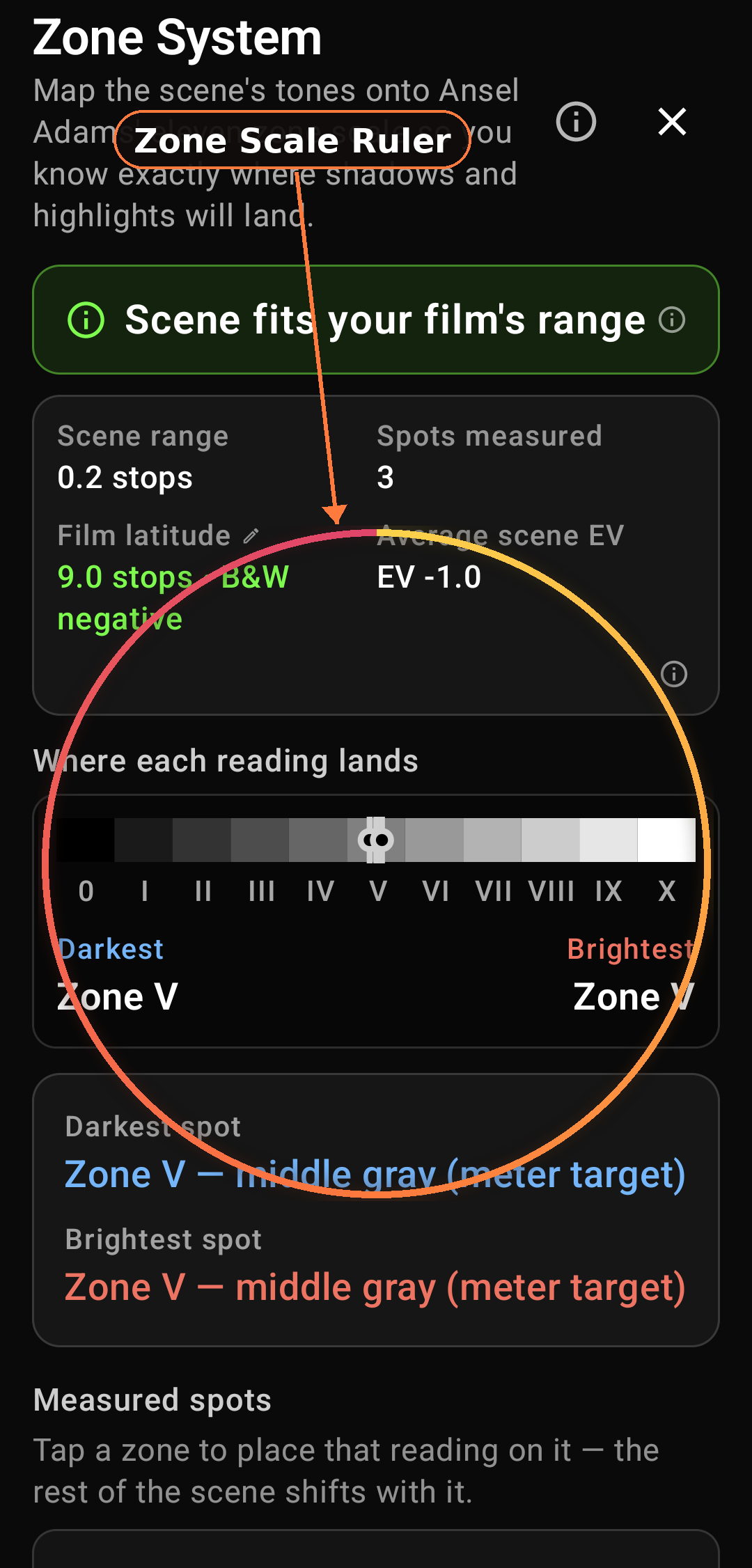 Visual zone scale ruler for spots screenshot in Zone Light Meter