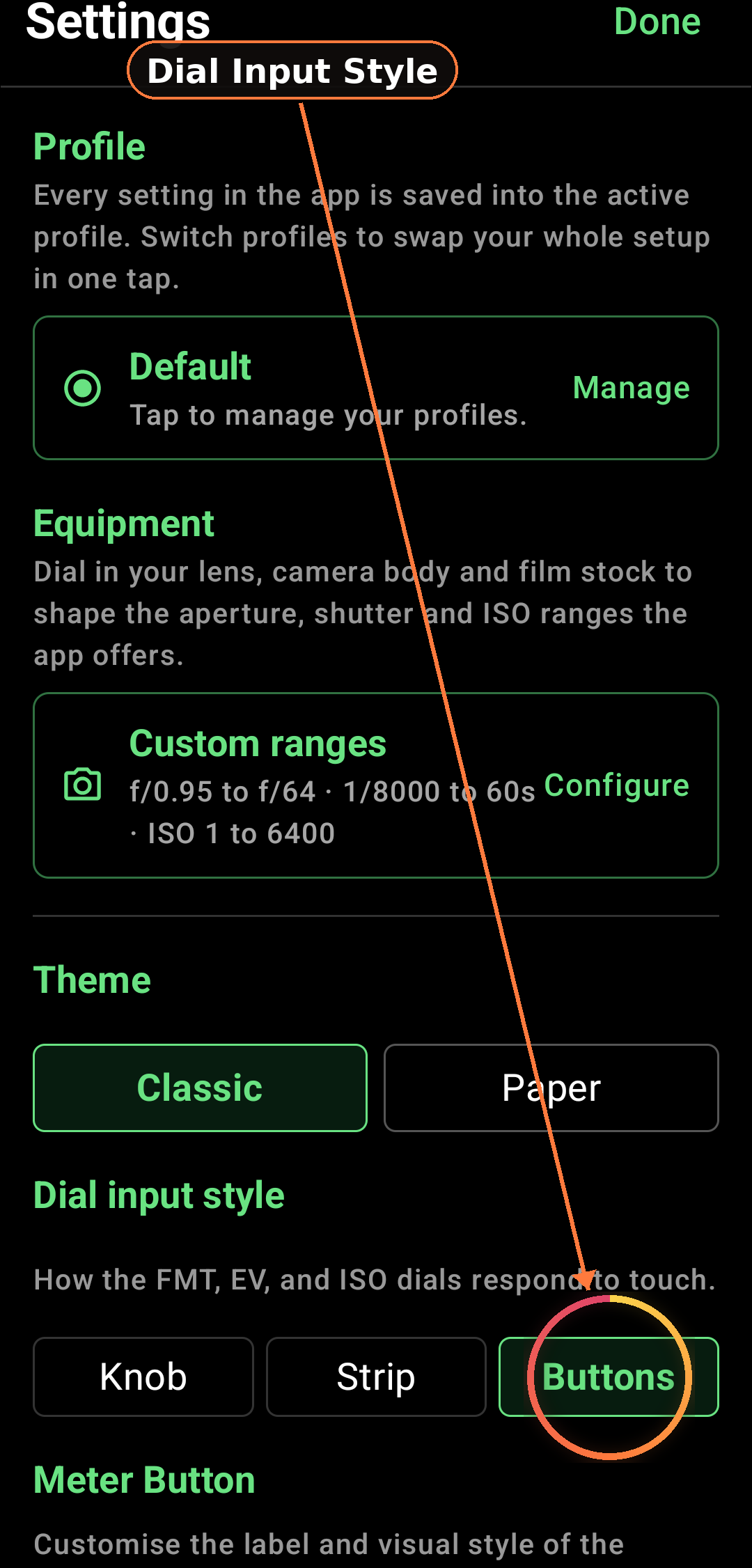 Dial input style (Knob / Strip / Buttons) screenshot in Zone Light Meter