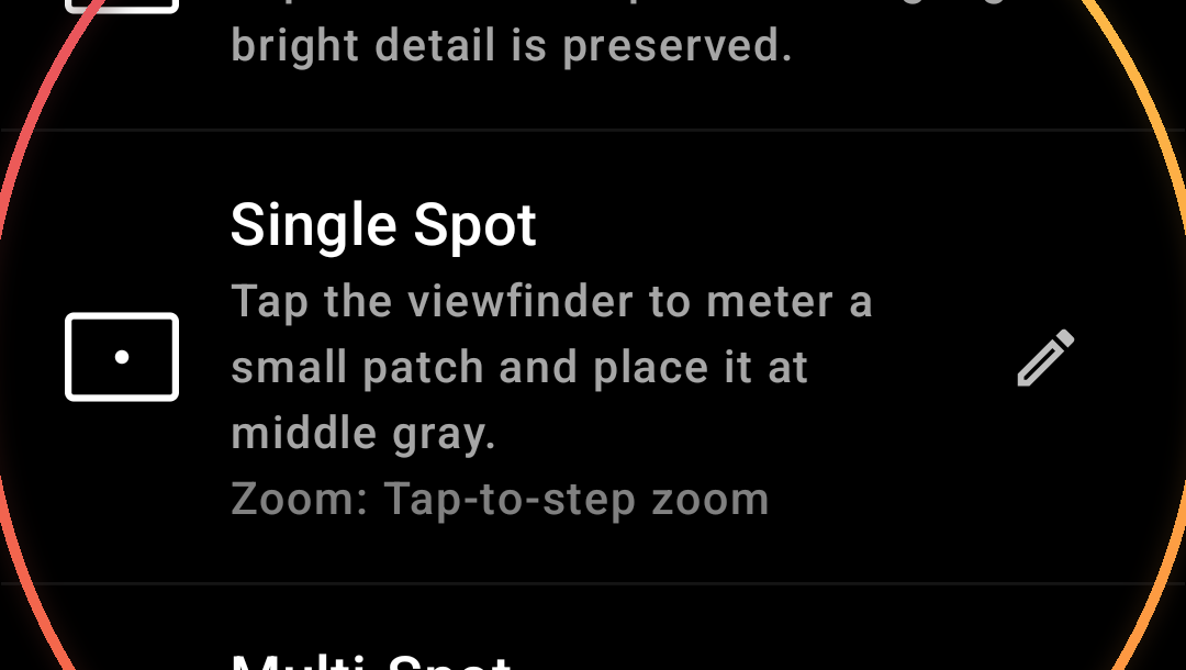 Spot metering single-tap — annotated detail 1