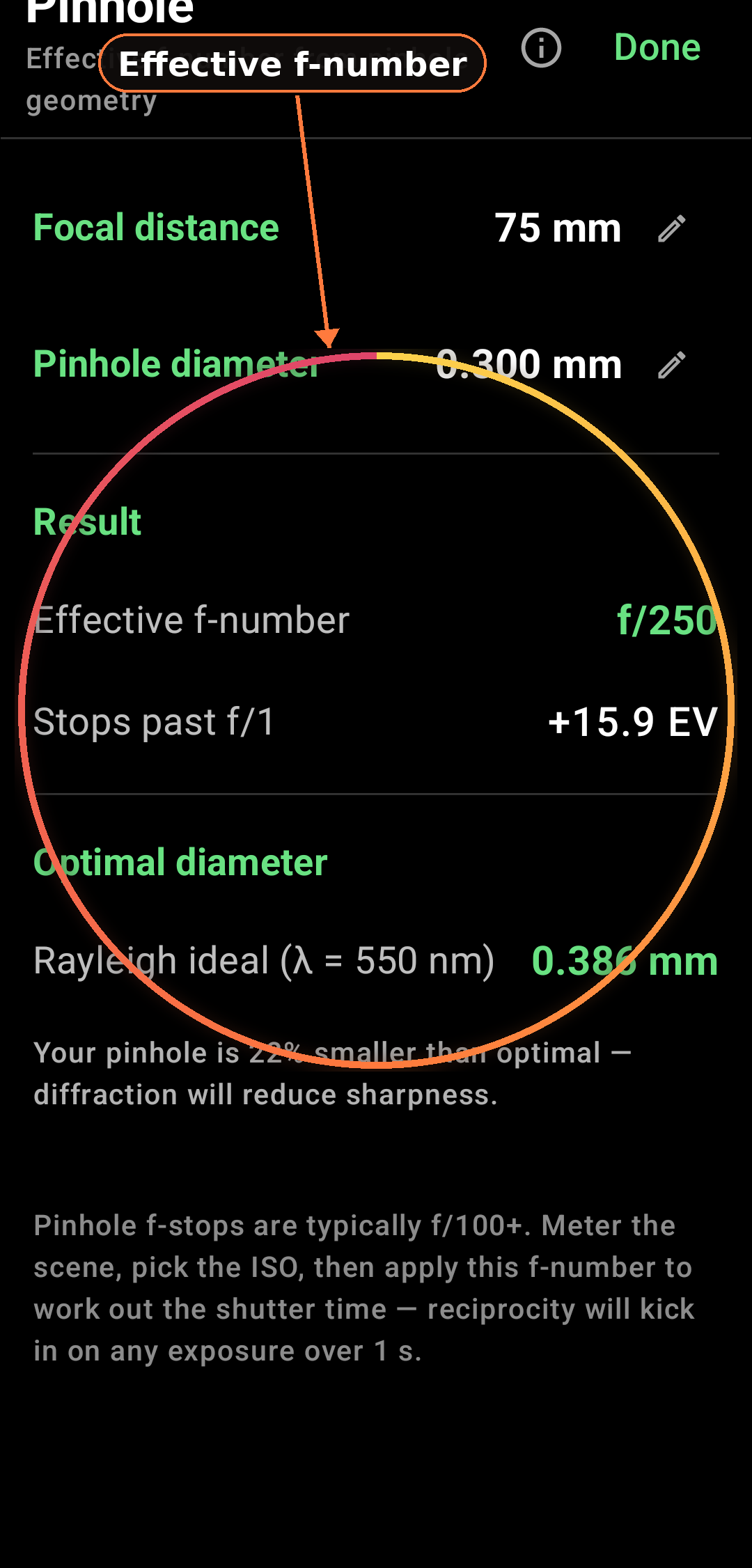 How the Pinhole calculator works additional view 2